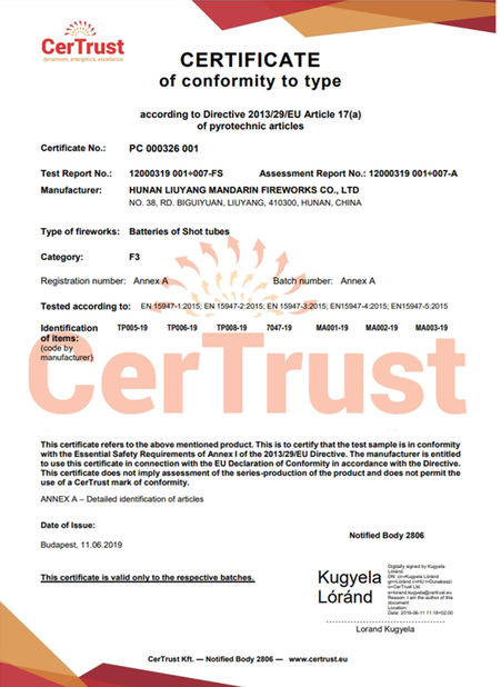 CINA Liuyang Mandarin Fireworks Co., Ltd. Sertifikasi